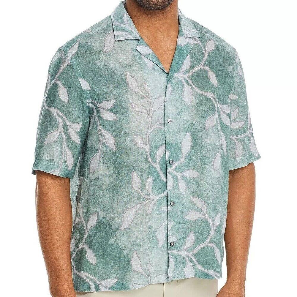 Hugo Boss NWOT Lars Regular Fit Palm Frond Print Short Sleeve Size M 100% Linen